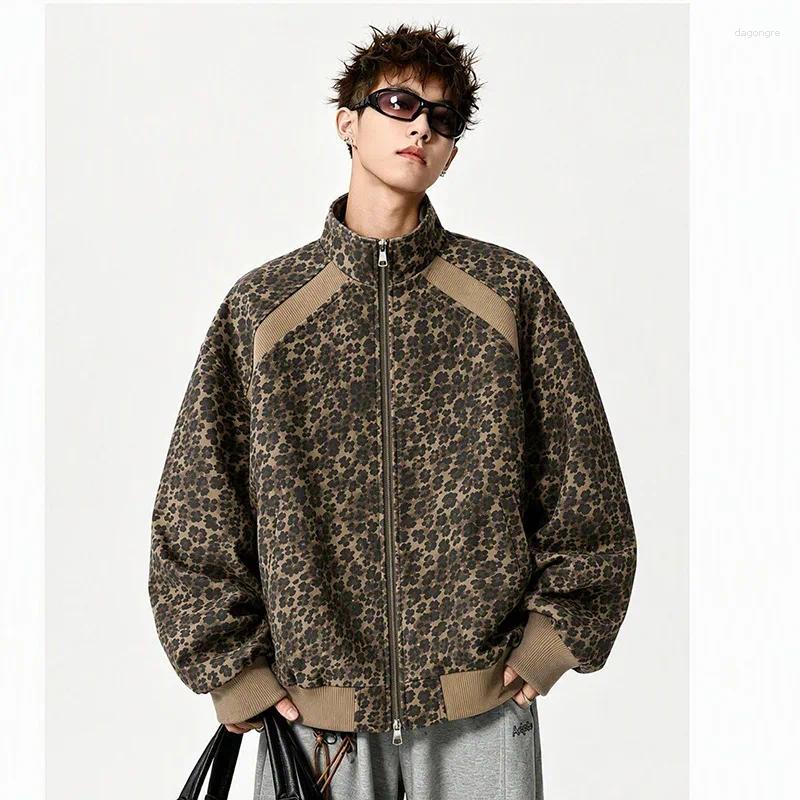Men's Trendy Leopard Print Bomber Jacket - Autumn Streetwear Zip-Up Coat With Contrast Ribbed Trim For Casual Daily Wear