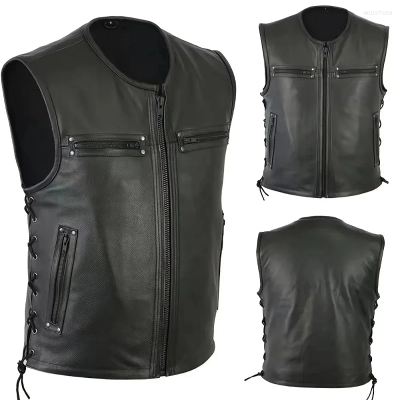 Men Black Faux Leather Punk Vest Zip Up Side Lace-Up Sleeveless Jacket With Pockets Outerwear For Autumn Daily Wear