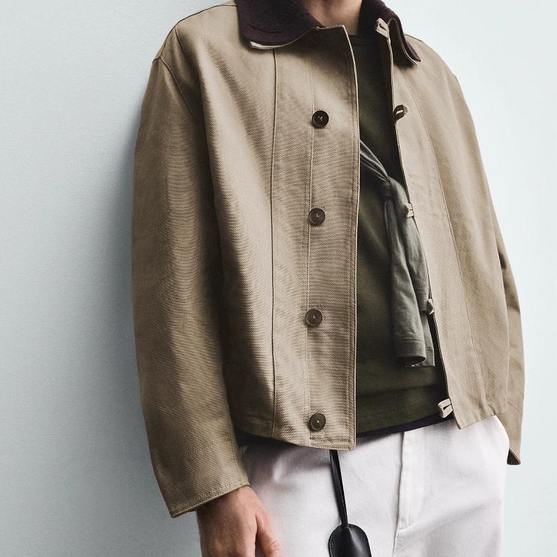 Veste de travail de créateur en coton pour hommes, revers au crochet, manches longues amples, boutons grenouille, vêtements d'extérieur marron un