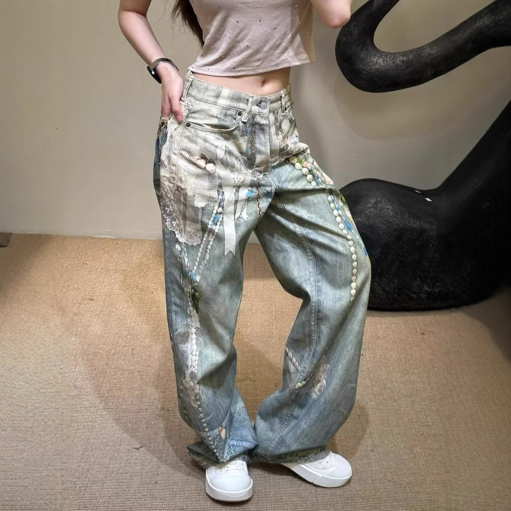 Y2K Womens Baggy Jeans Vintage Blue Washed Straight Wide Leg Pants 3D Printing Pearl Beaded Embellishments Grunge Aesthetic Casual Denim