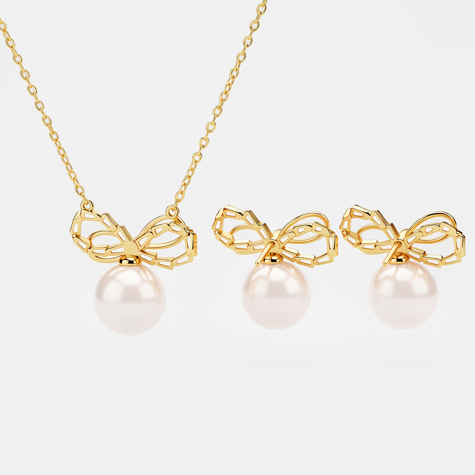 2026 new copper gold-plated imitation pearl fashion bow set 10mm light luxury high-end clavicle chain accessories