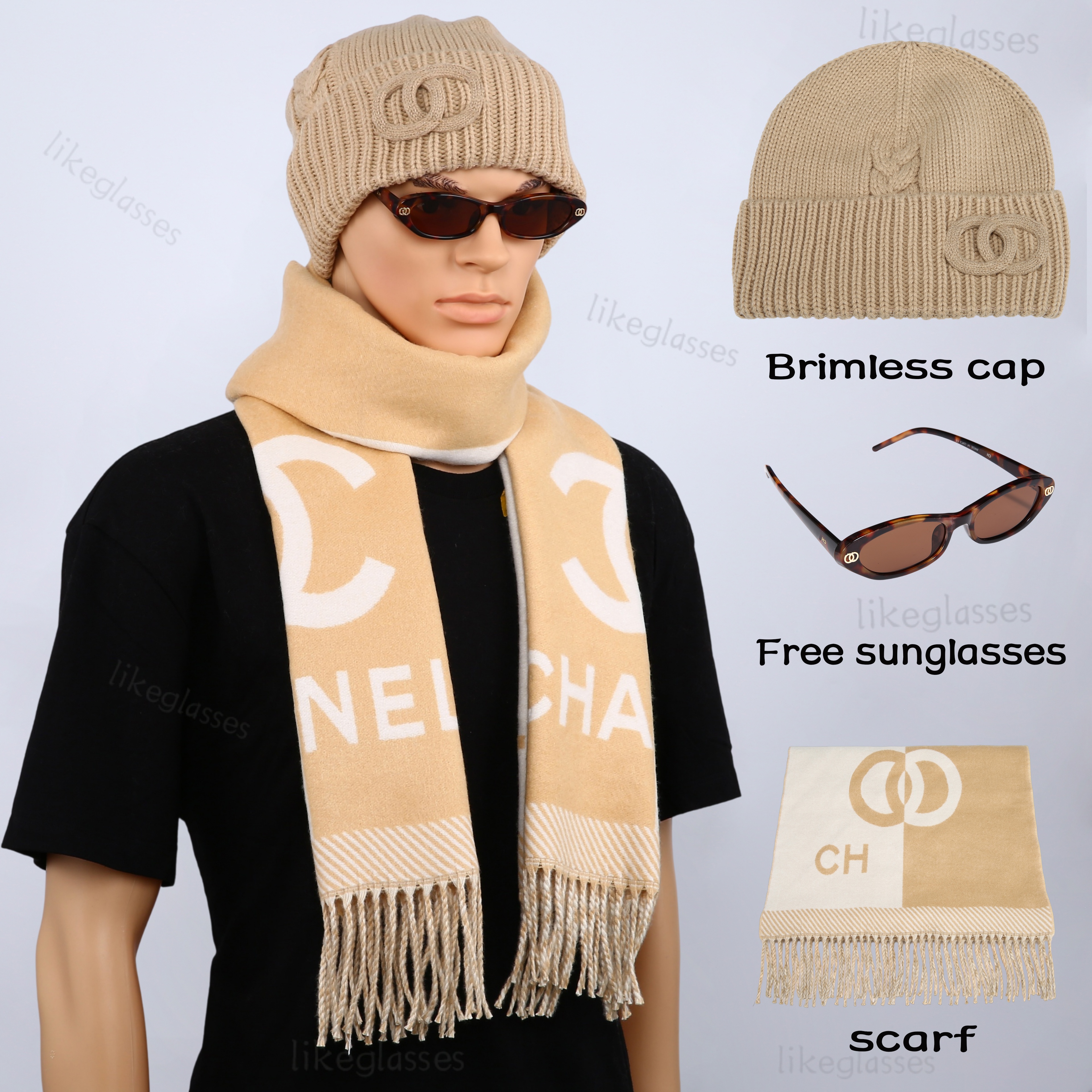 Knitted Cuffed Beanie Set Double Half-Ring Motif Striped Hat Trim and Lattice Scarf Casual Fashion Accessories Three-Piece with Free Sunglasses