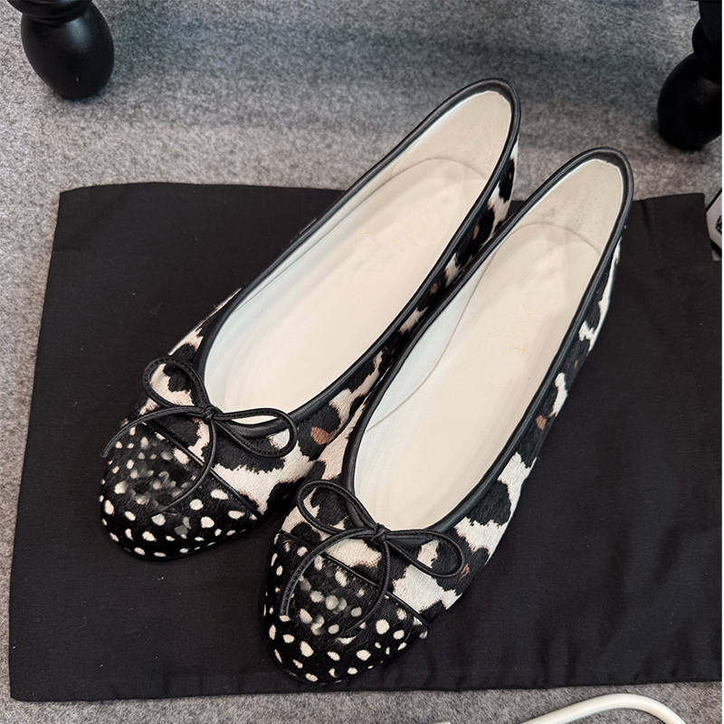 Leopard Print Bow Ballet designer Flats shoes lambskin real leather high quality Women 26s fur hair animal printed Round Toe Slip On Flat cow Spotte