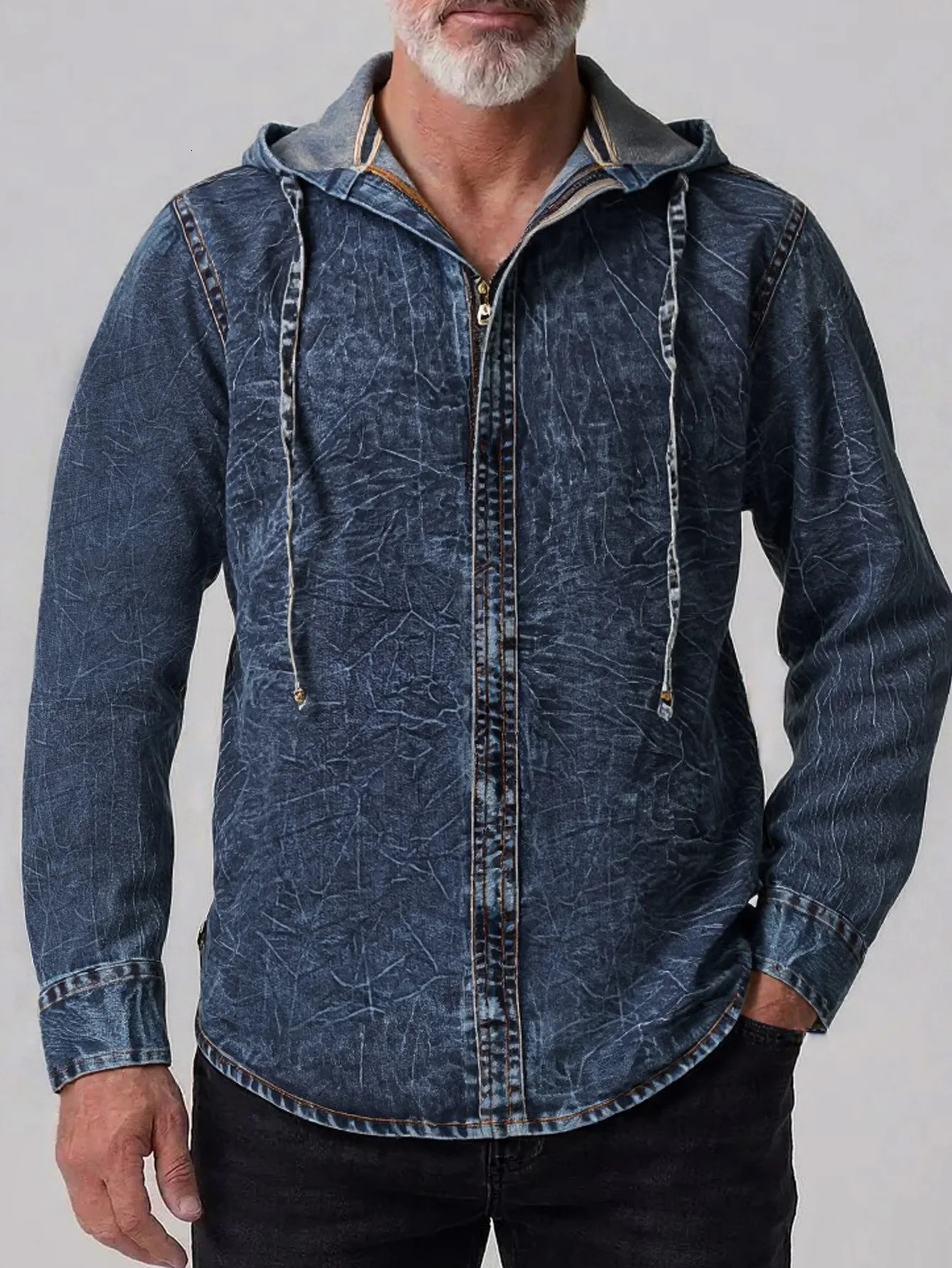 Original Men's Hooded Denim Shirt Spring and Autumn TieDye Jacket American Retro HandWashed Distressed Texture n ZipUp Long Sleeve 260929