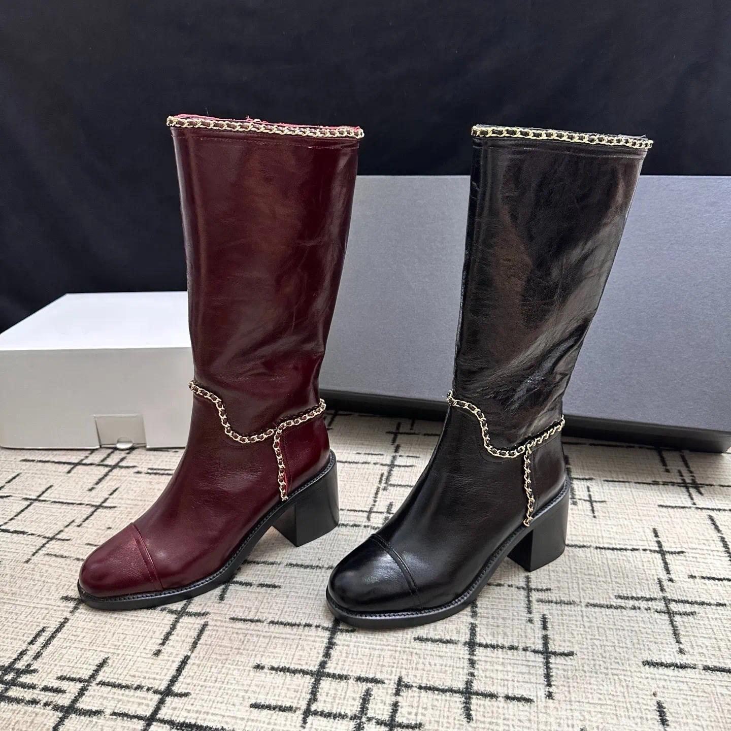 Oil wax leather Chains Knee High Boots Luxury designer women zip sequined embelished long boots Fashion simple fall winter boot Leather sole Factory