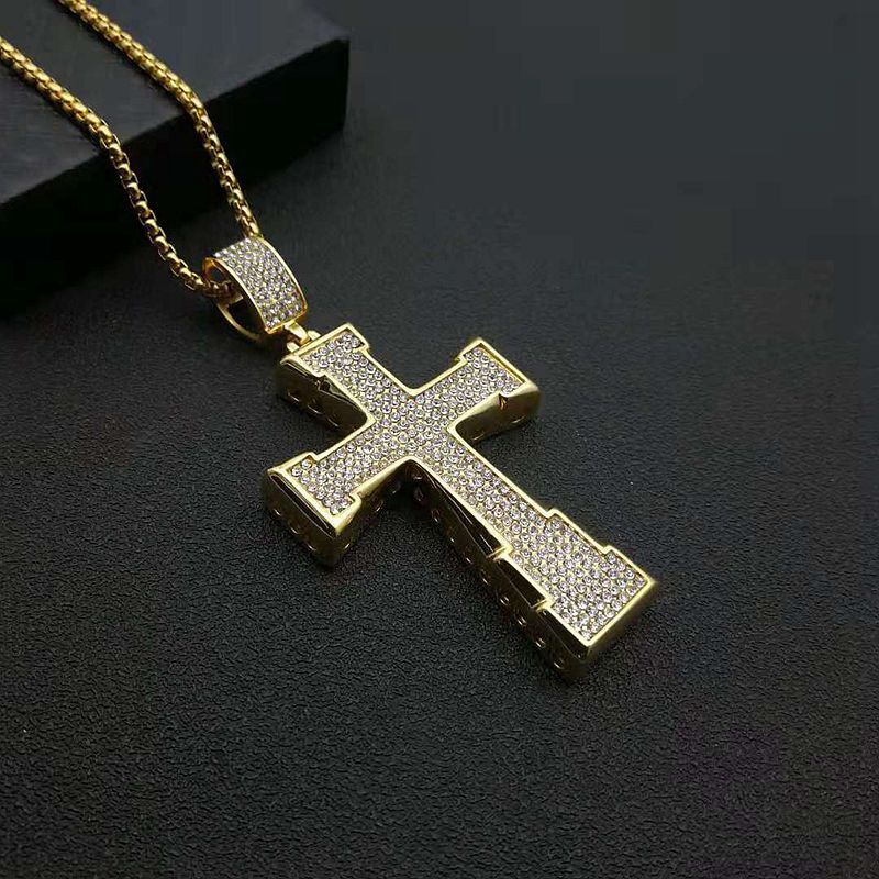 New European and American hip-hop jewelry: stainless steel gold-plated rhinestone pendant necklace