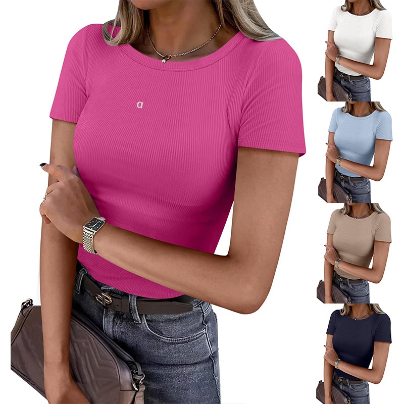 3101A T-shirt côtelé à manches courtes pour femme - Chemisier tricoté basique élégant - Haut polyvalent adapté à plusieurs occasions