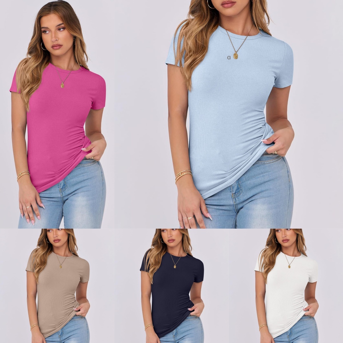 3101AO T-shirt côtelé à manches courtes pour femme - Chemisier tricoté basique élégant - Haut polyvalent adapté à plusieurs occasions