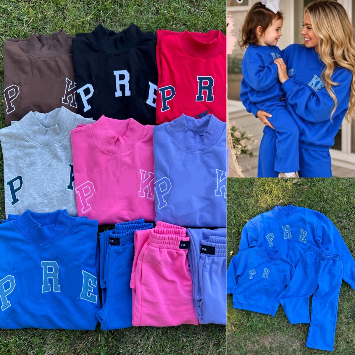 E7403 Sweat-shirt décontracté à col rond brodé pour adultes et enfants, pull ample à col mi-haut ou pantalon de survêtement à taille élastique, c