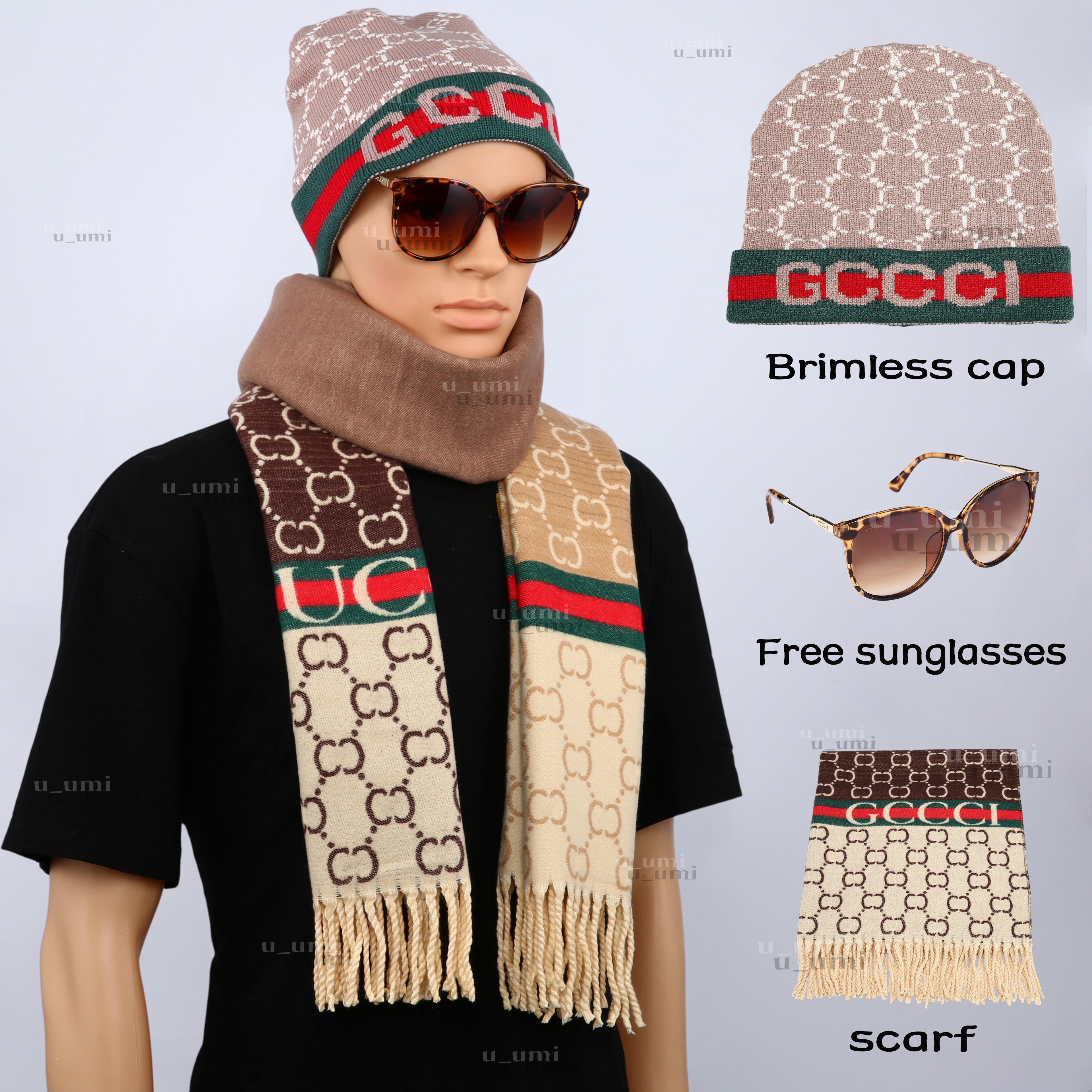 Knit Beanie Set Cuffed Brimless Hat Classic letters Pattern Fringe Scarf Autumn Winter Accessories Gift for Men and Women with Free sunglasses