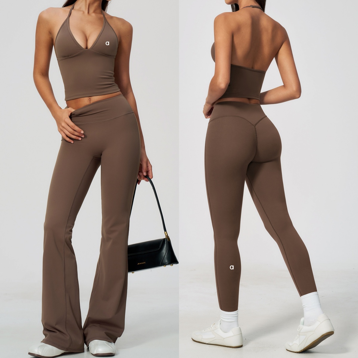 Aalloo Women 2 Piece Yoga SetHalter V Neck WorkoutTank Top High WaistFlared Leg Pants SoftStretch Gym FitnessActivewear Tracksuit set A-5575 Size S-