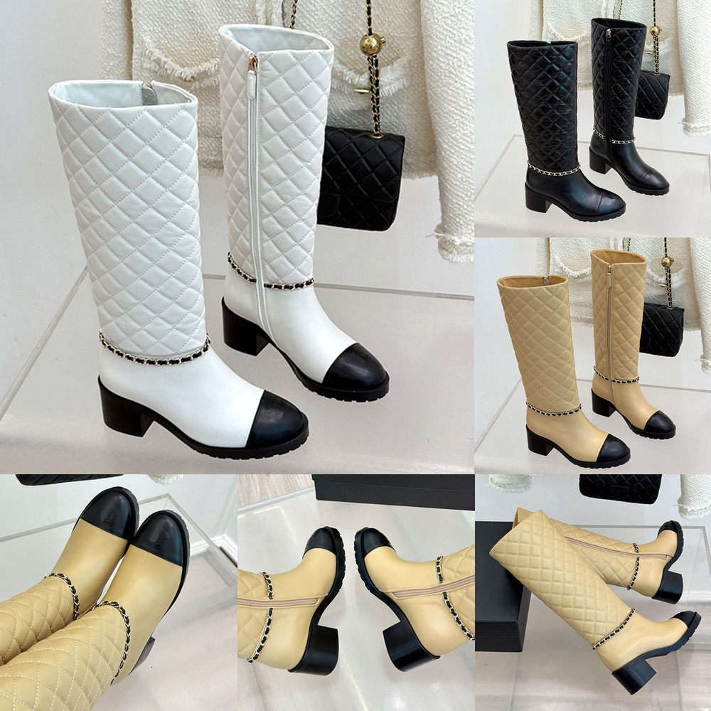 Long Boot Luxury Designer Lady White Black Quilted Leather Block Heel Square Toe Chain Strap Fashion Office Footwear Quality Comfort Modern Stylish