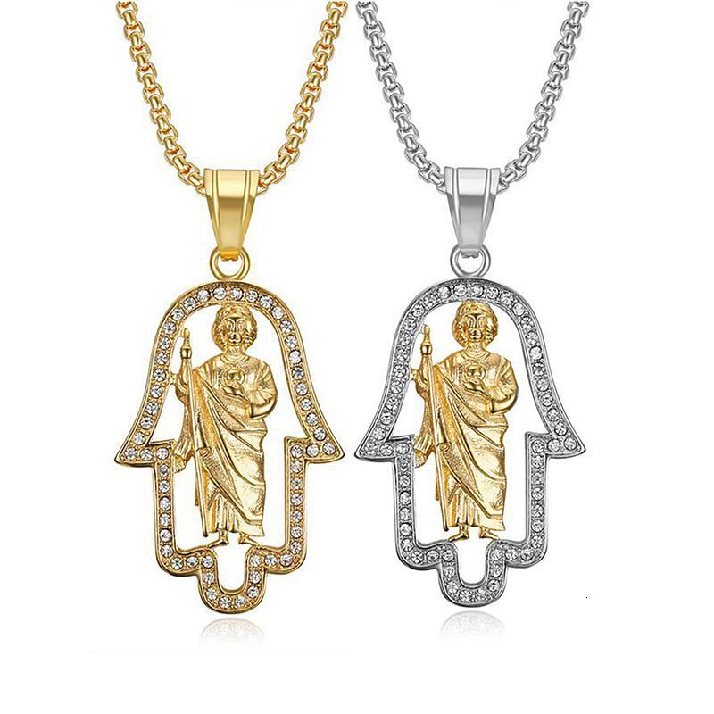New European and American hip-hop jewelry: stainless steel, gold-plated, diamond-studded, portrait the Hand of Fatima pendant necklace