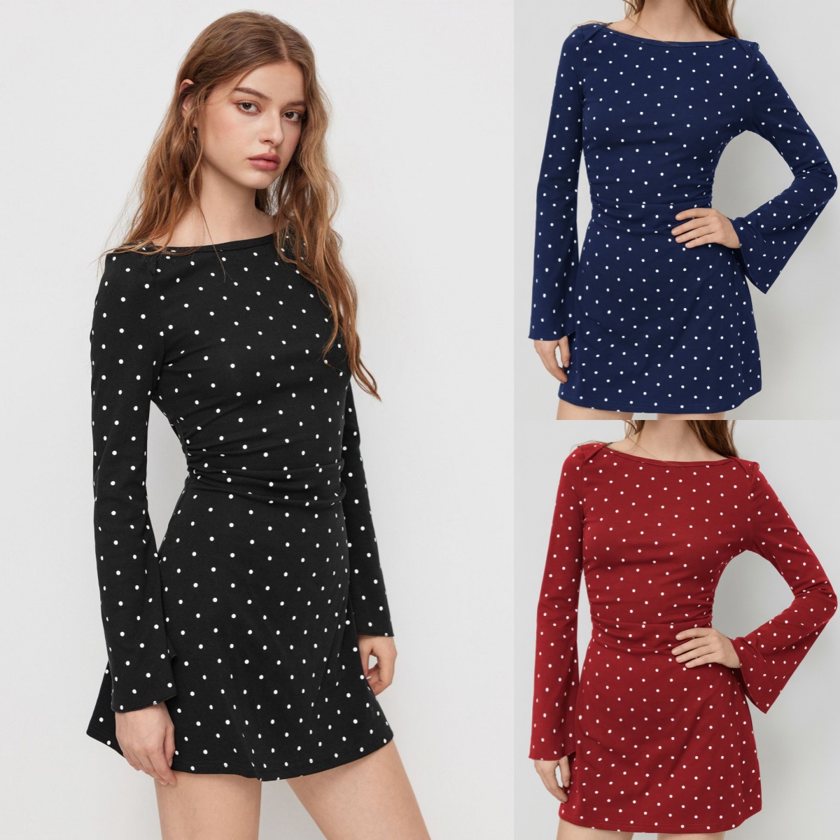 L6678-UU automne robe à pois pour femmes col bateau fileté avec manches évasées femmes combinaison jupe de Tennis robe de Yoga