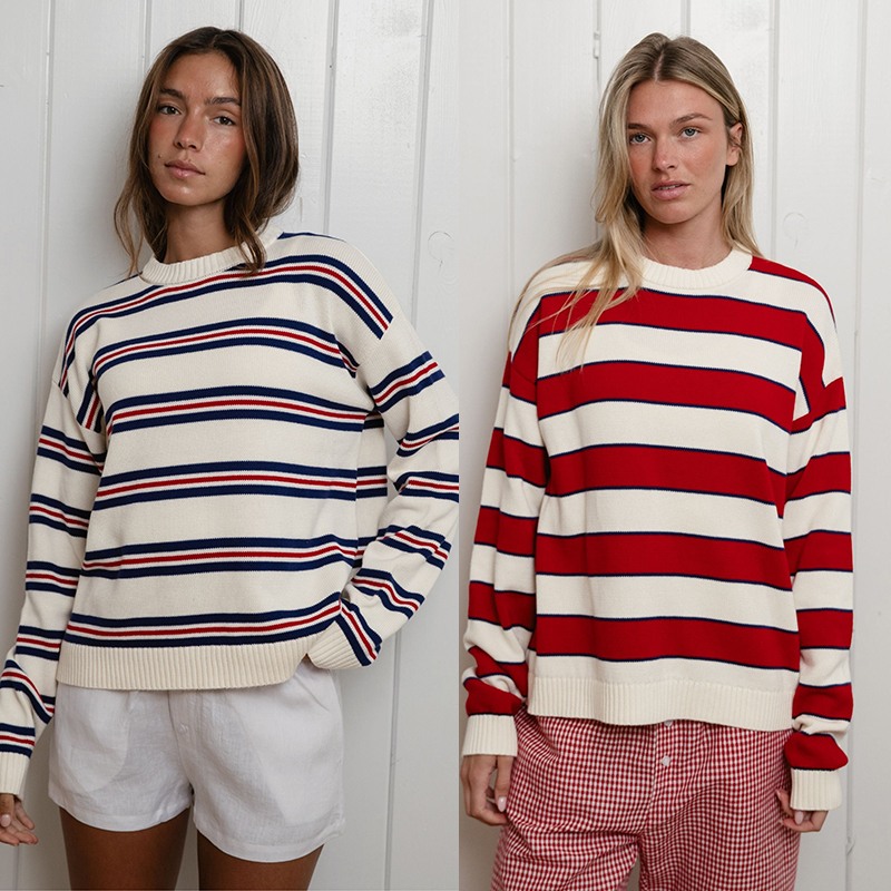 Parkes rayé coton chandails lâche col rond contraste tricot pull pull femmes créateur de mode PARKE hauts