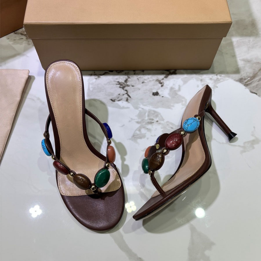 Top quality classics Real leather Simple women's crystal Flip-flops mules Slippers High heels Sandals open toes Luxury designer heels office Ho
