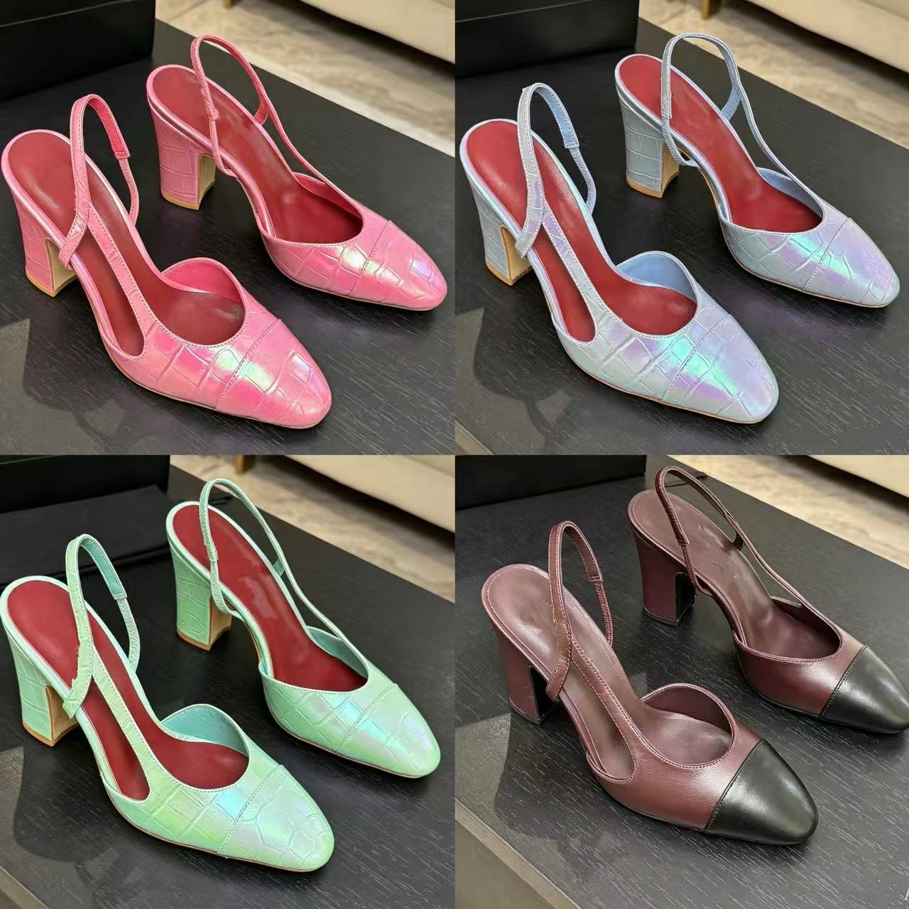 Nouveau designer Slingback Sandales Classique Haute Qualité Semelle En Cuir 9cm Femmes Robe De Mariée Chaussures Été Talons Épais Tête Ronde Diap