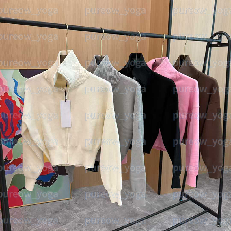 Yoga Knit Full Zip Jackets Casual Hoodie Zipper Knitted Lapel Jacket Open Front Cardigan Cropped Hoodie Solid Color Versatile Knit Long Sleeve Sweat