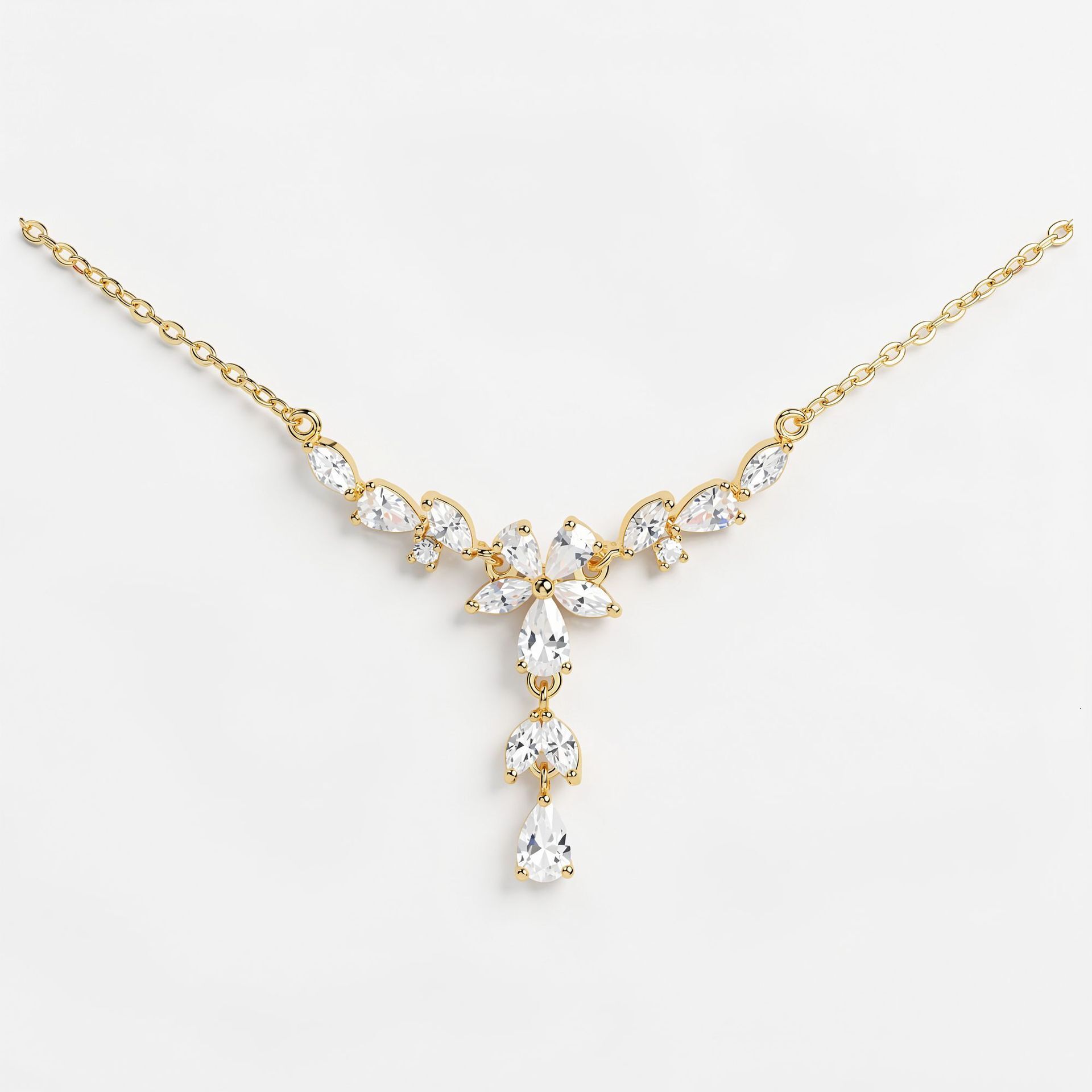 Korean-style new small flower zircon water drop necklace for women, V-shaped choker with exquisite and high-end feel, elegant clavicle chain popular