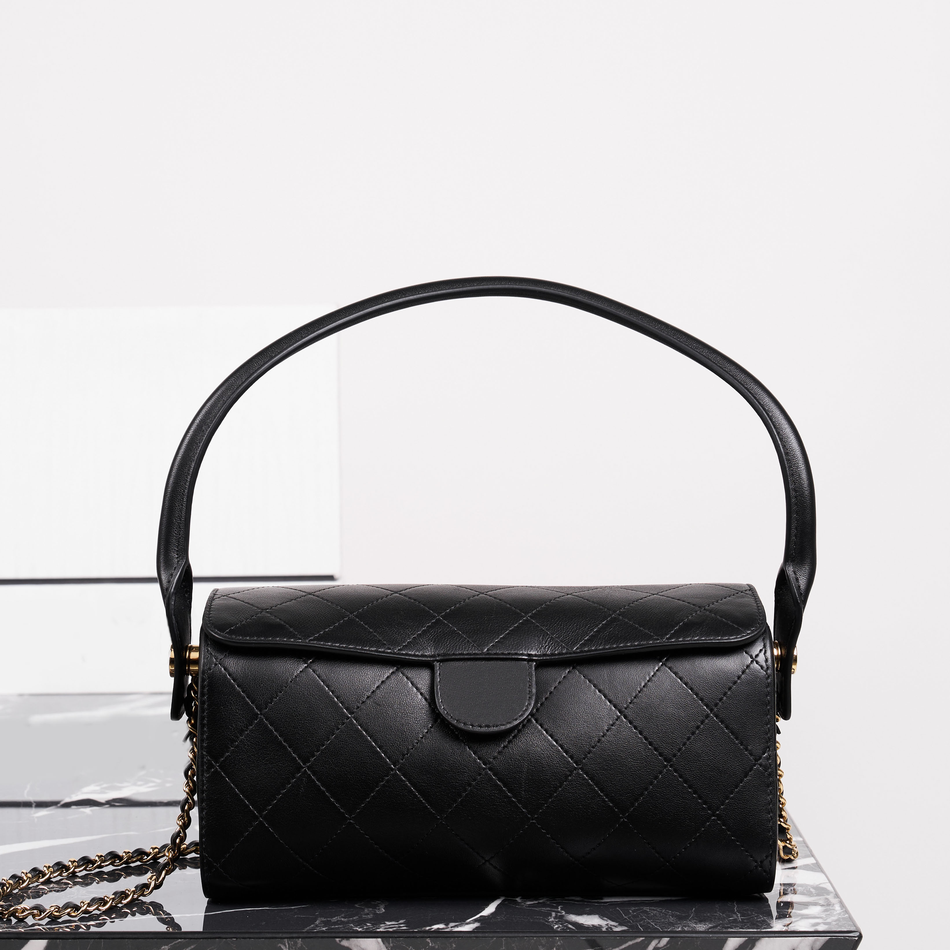 Designer Bag High Handcraft series diamond quilted lambskin cylinder handbag curved top handle chain purse for dating party travel