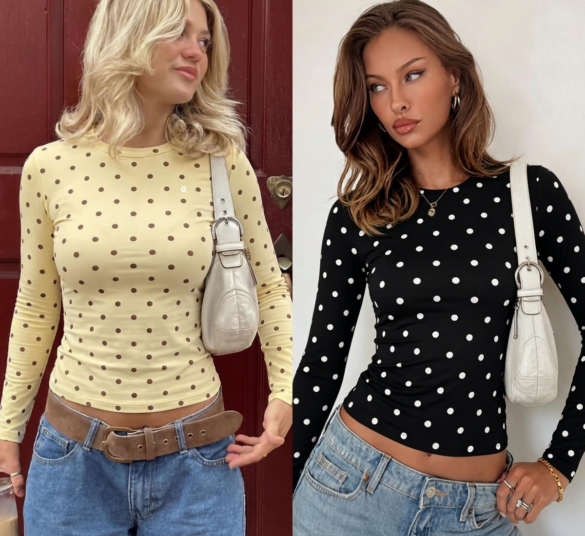 A3090 Women's Fall 2026 New Arrival Round-Neck Long-Sleeve Polka-Dot Print Slim-Fit Slimming T-Shirt