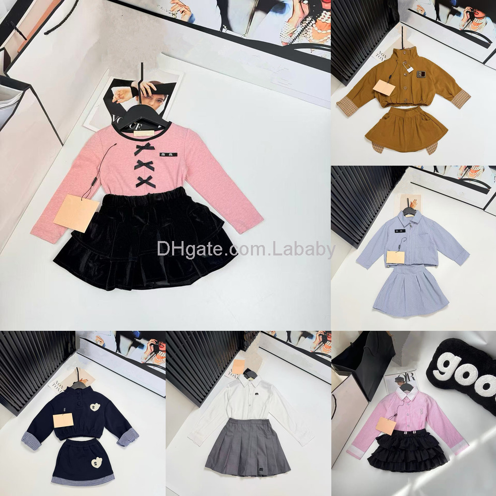 Fashion Cute Kids Designer Clothes Cotton Two Piece Skirt Set Girls Long-Sleeve Round Neck T-shirt Pleated Princess Dress Childrens Clothing Sets