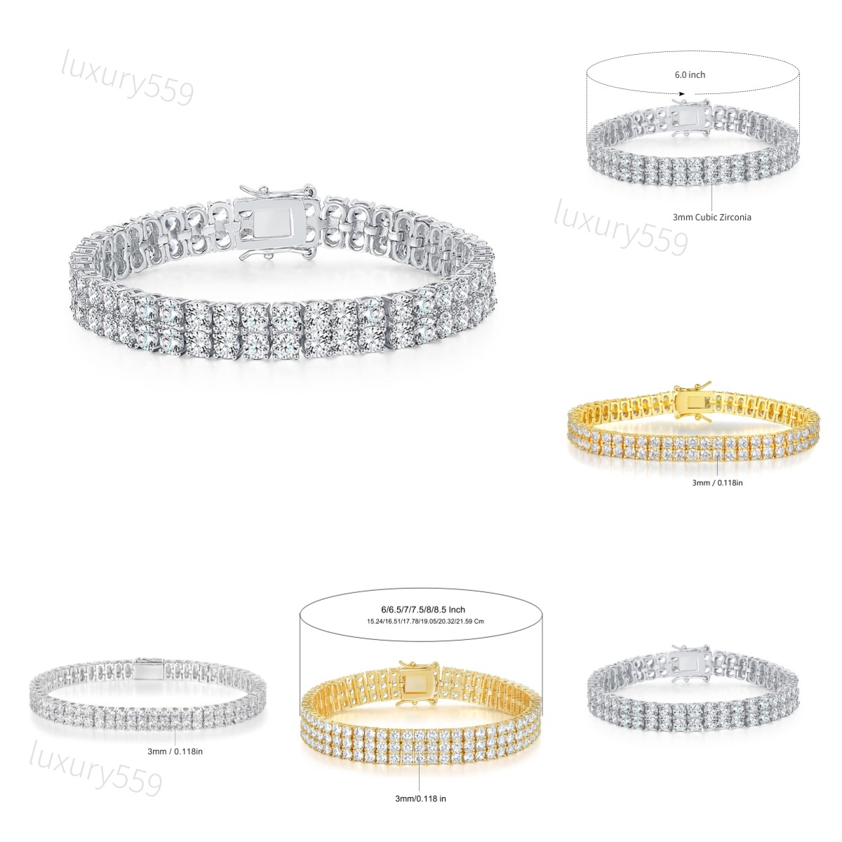 Bracelet de tennis glacé de 3 mm en zircone cubique 2-3 rangées plaqué or chaîne hip hop scintillante bracelet en diamant CZ pour hommes femmes u