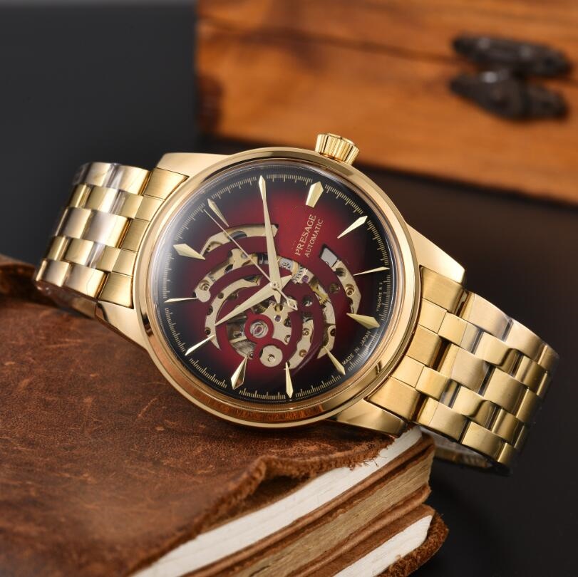 New SEIKOity men's Presage automatic mechanical watch, hollowed out dial watch, gradient red dial, polished round case, business suit men'