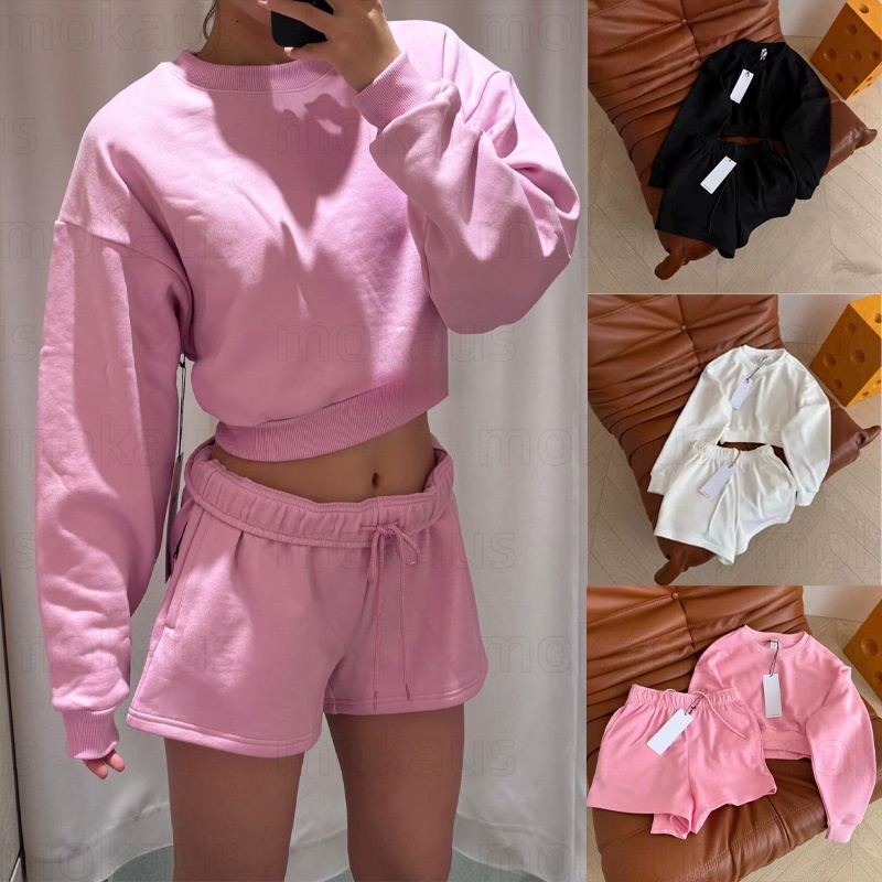 Designer Yoga Set Cropped Sweatshirts+Shorts Crew Neck Pullover Womens Short Tracksuit Studio to street Weekend City Jogger Pink Sportswear set