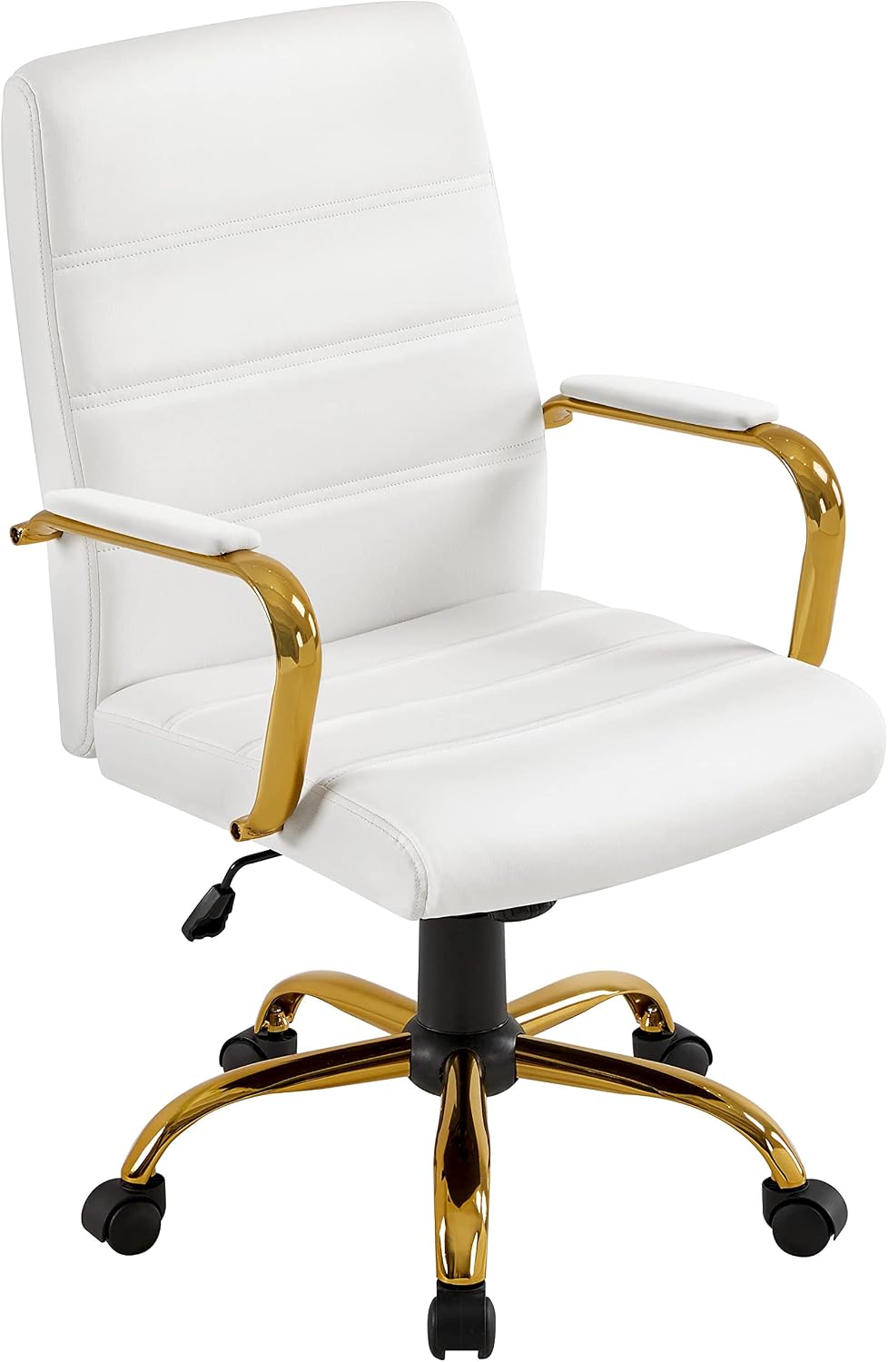 White and Gold Office Chair Mid Back PU Leather Rocking Desk Seat Foam-padded PU leather seat and gold-tone metal frame dress up a desk or vanity