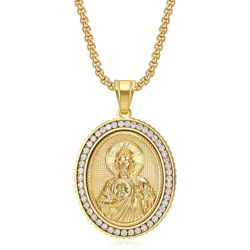 New European and American hip-hop jewelry: stainless steel cast, vacuum-plated, diamond-studded Saint Jude pendant necklace