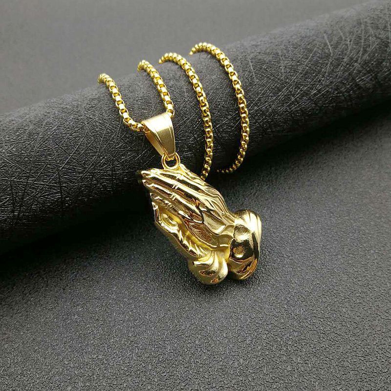New European and American hip-hop jewelry: stainless steel gold-plated prayer Buddha hand pendant necklace