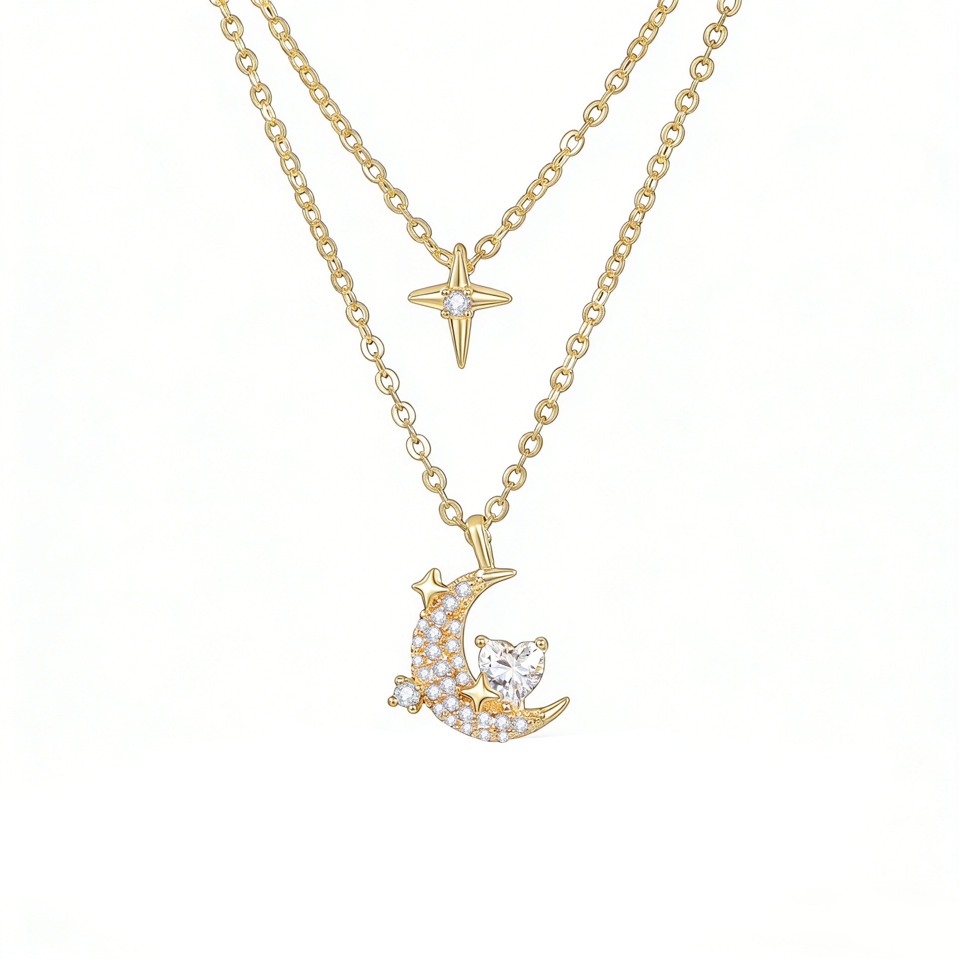 New ultra-fairy star and moon copper alloy collarbone pendant accessory for women, light luxury niche double-layer fashionable versatile necklace