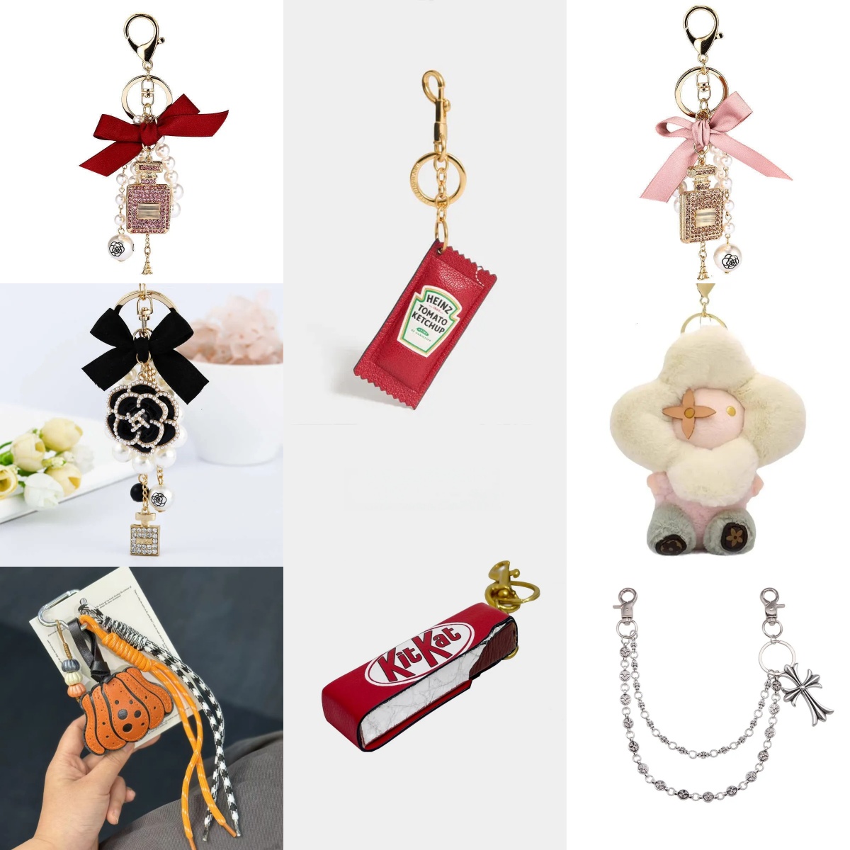 bag charm designer Keychains Perfume Bottle Keychain Flower chocolate doll Ketchup Bottle Keychain cross Food Sauce Pendant key chain Christmas Gift