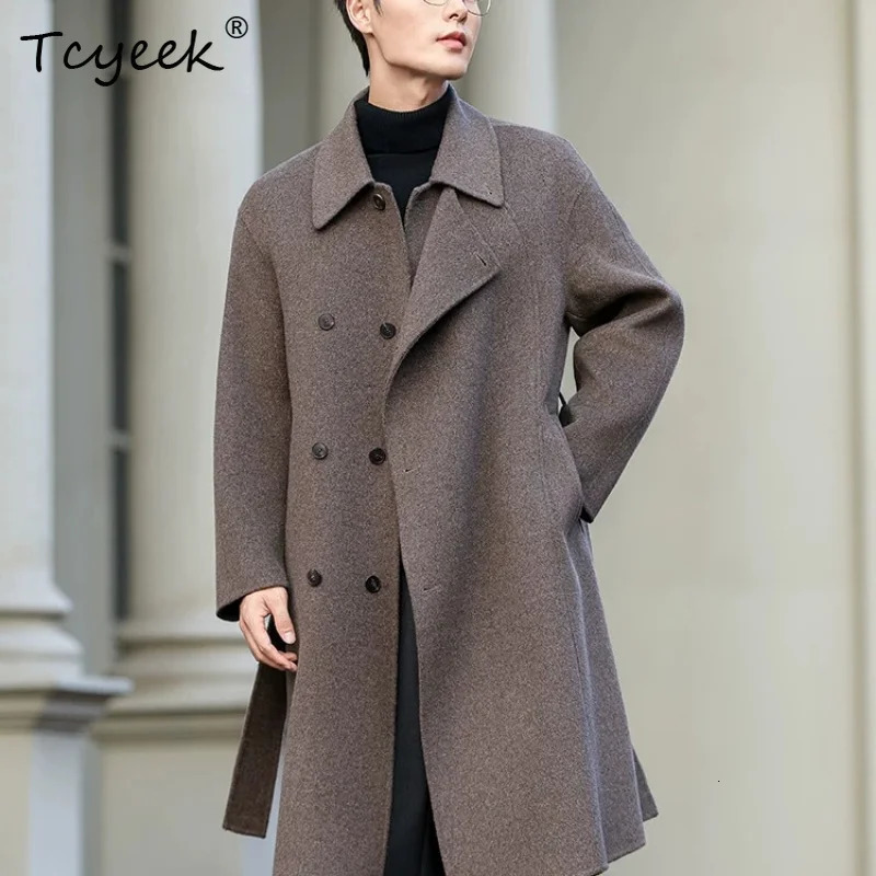 Tcyeek 100% Wool Jacket Men Autumn Winter Clothes Over Knee Double-faced Woolen Coat Male Trendy Belt Loose Fit Abrigo Hombre 261010
