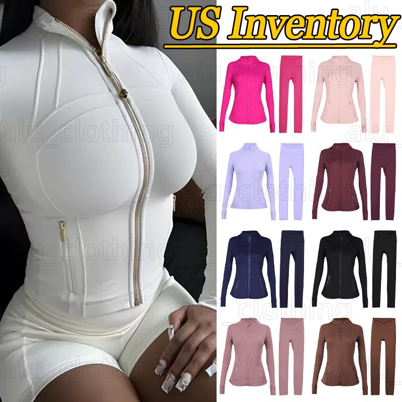 Womens Yoga Sets Workout Sport Coat Fitness Jacket Sports Quick Dry Activewear Slim Fit fitness Suit Solid Zip Up Workout Sweatshirt Leggings