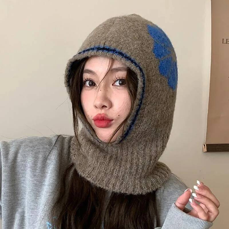 Beanies Retro Contrast Color Balaclava Hat For Women Ear Protection Scarf One Piece Cap Winter Warm Hooded Beanie Girl Knit Neckerchief Hot