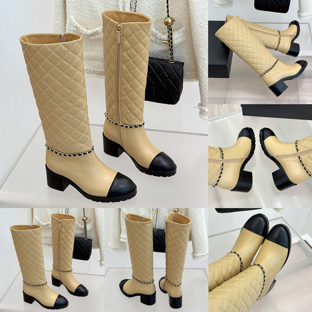 Formal Boot Luxury Designer Womens Black Leather Quilted Long Block Heel Square Toe Chain Zipper Fashion Footwear Quality Comfort Modern Stylish Tre