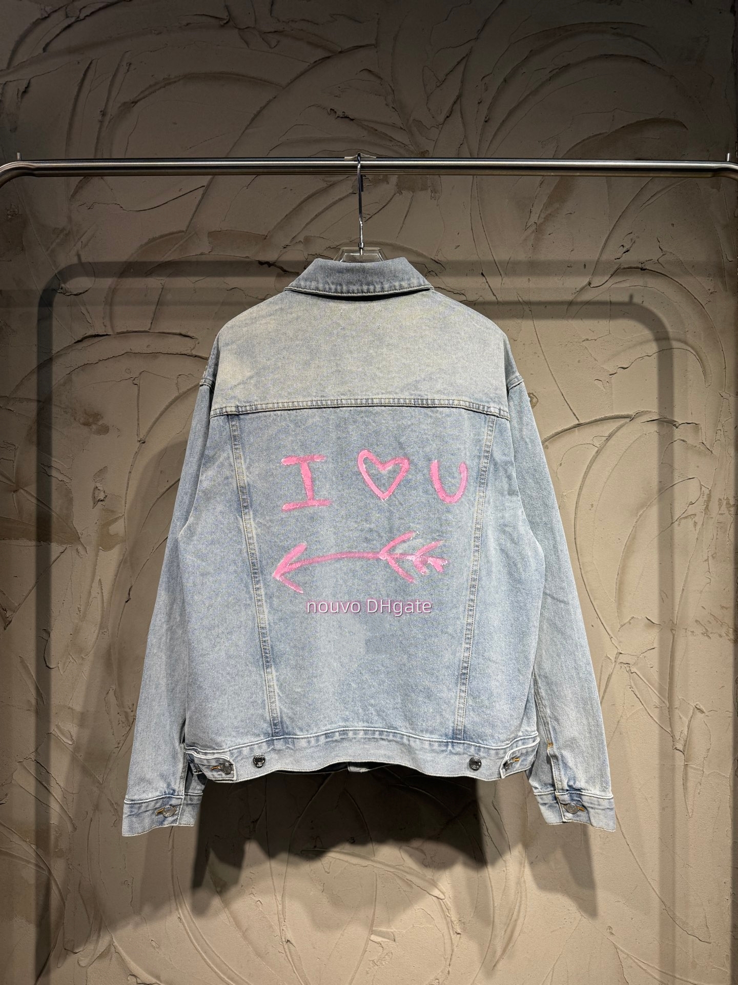 2026 Fall Jacket Designer Loose Denim Jacket Men Women Back Pink Graffiti I Love U Print Oversized Washed Vintage Trucker Coat Streetwear Casual Out