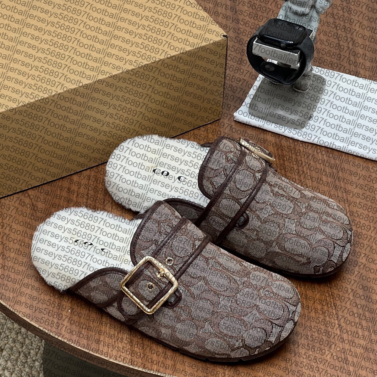 Women's Jacquard Plush Lined Mule Slippers Adjustable Buckle Closed Toe Slip On Shoes Warm Comfort Casual Winter House Outdoor Slides