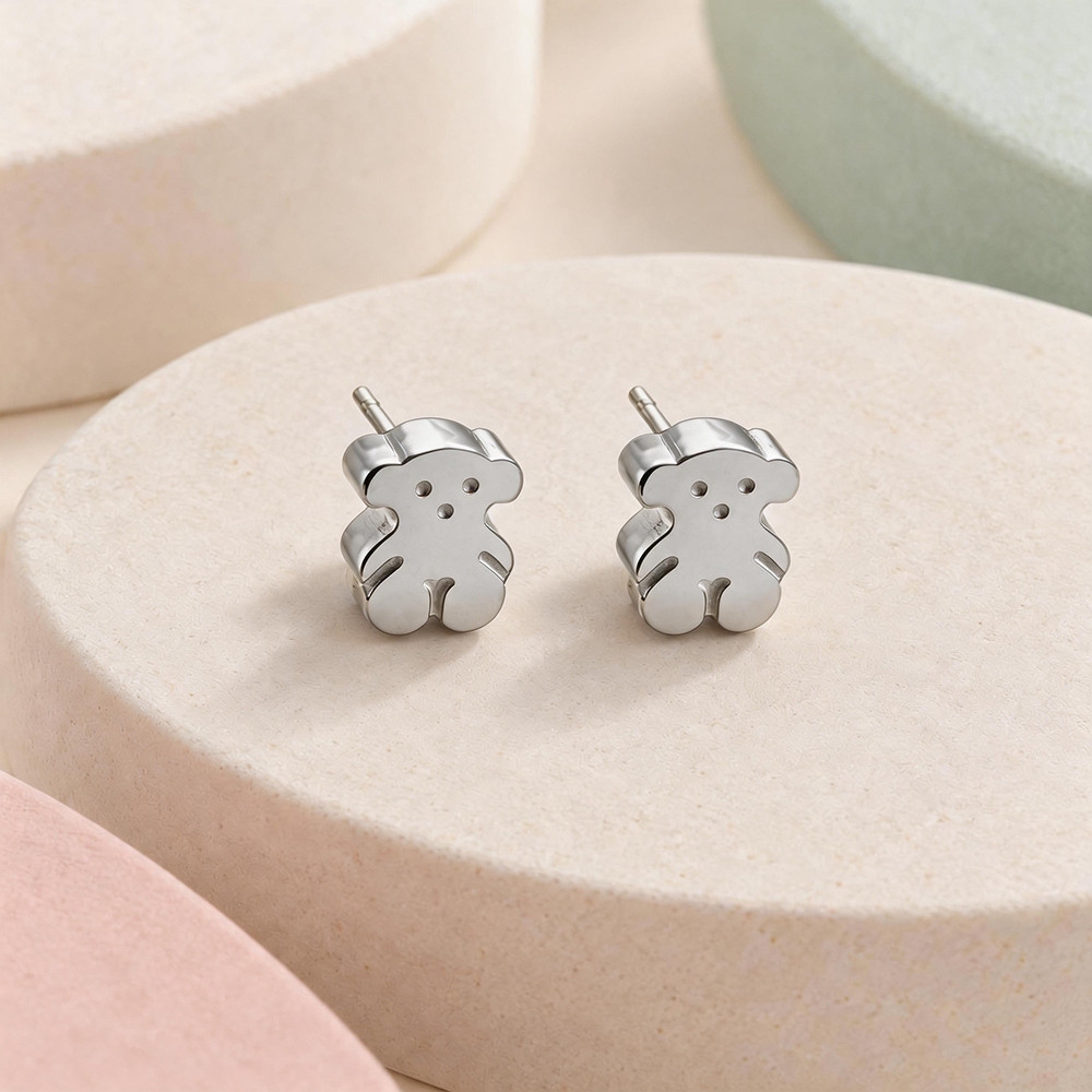 New Fashion Women Girls Simple Silver Gold Stainless Steel Bear Mini Span Cartoon Animal Color Zircon Letter Sign Heart Stud Hoop Earrings Jewelry G
