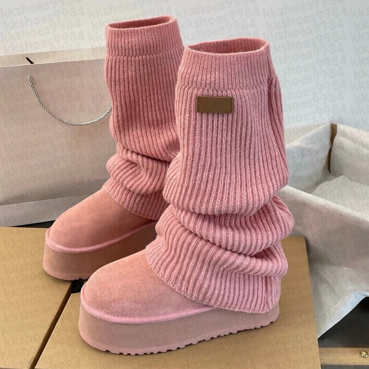 Designer Womens Knit Leg Warmer Boots Designer Winter Snow Boots Outdoors Slouch Sock Boots Thick Bottom Casual Fashion Boots Brown White Black Pink