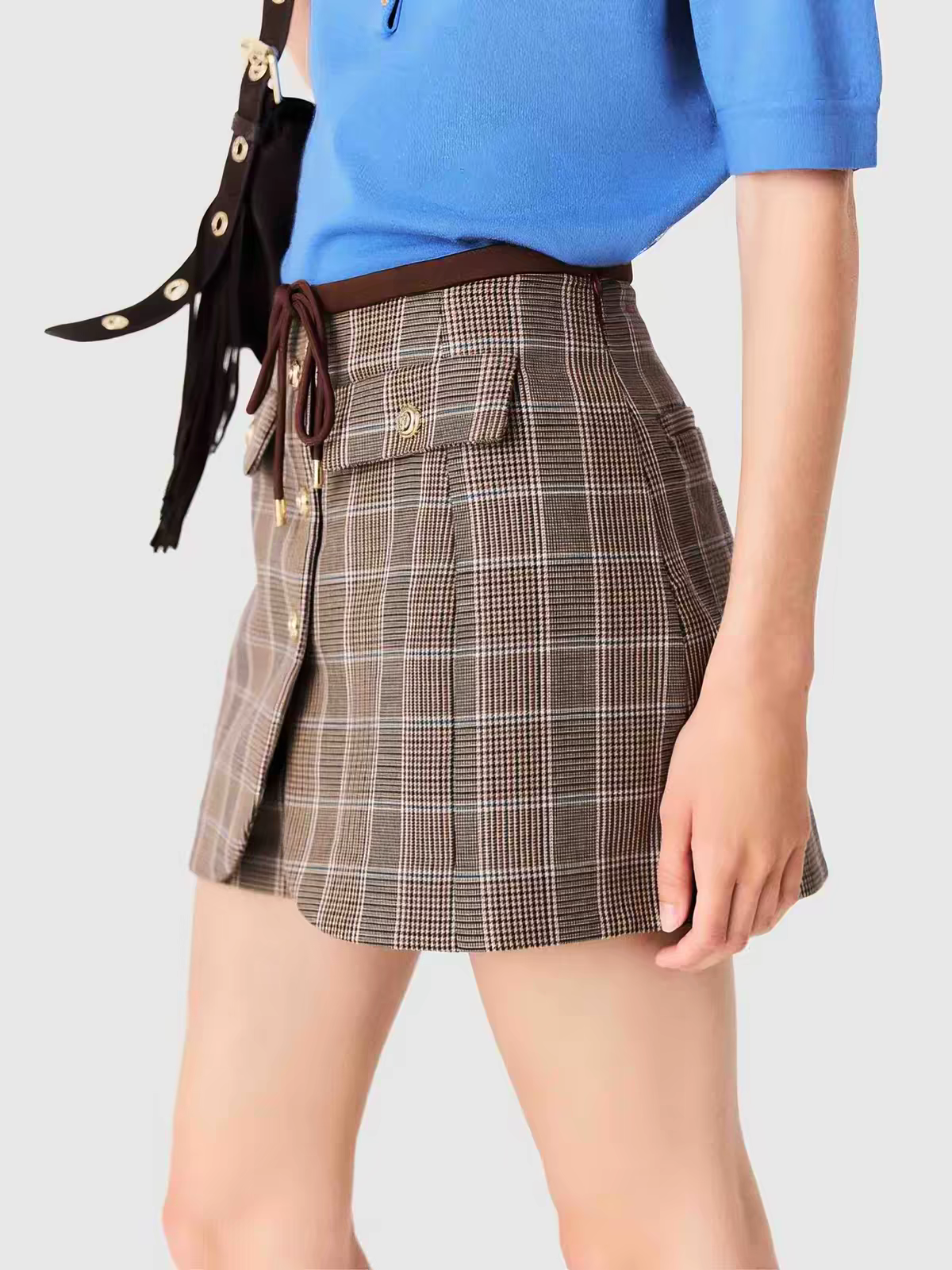 Jupe courte de Style britannique pour femmes, avec cordon de serrage à la taille, jupe-culotte trapèze à carreaux à simple boutonnage pour dames