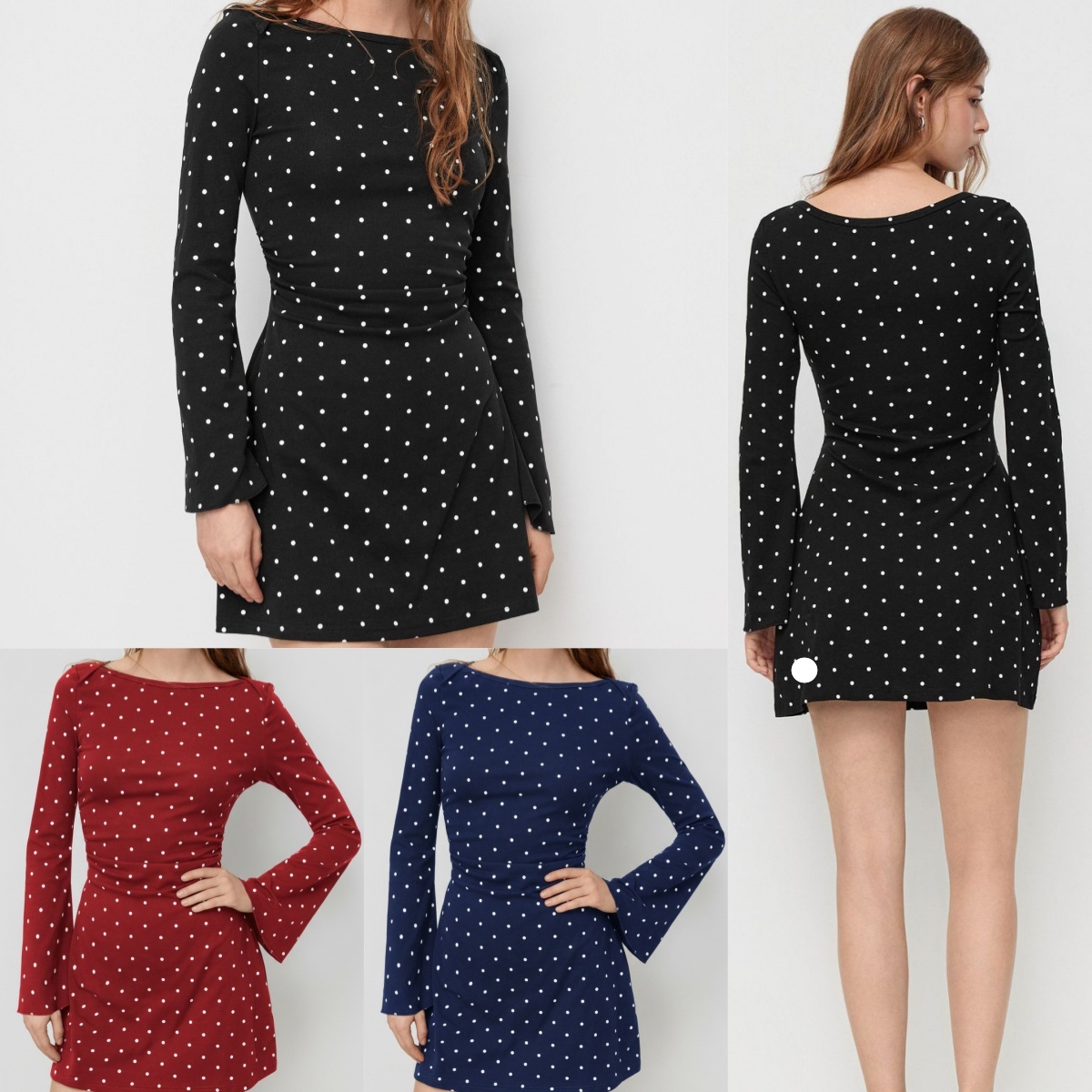 L6678 automne robe à pois pour les femmes col bateau fileté avec manches évasées femmes combinaison jupe de Tennis robe de Yoga