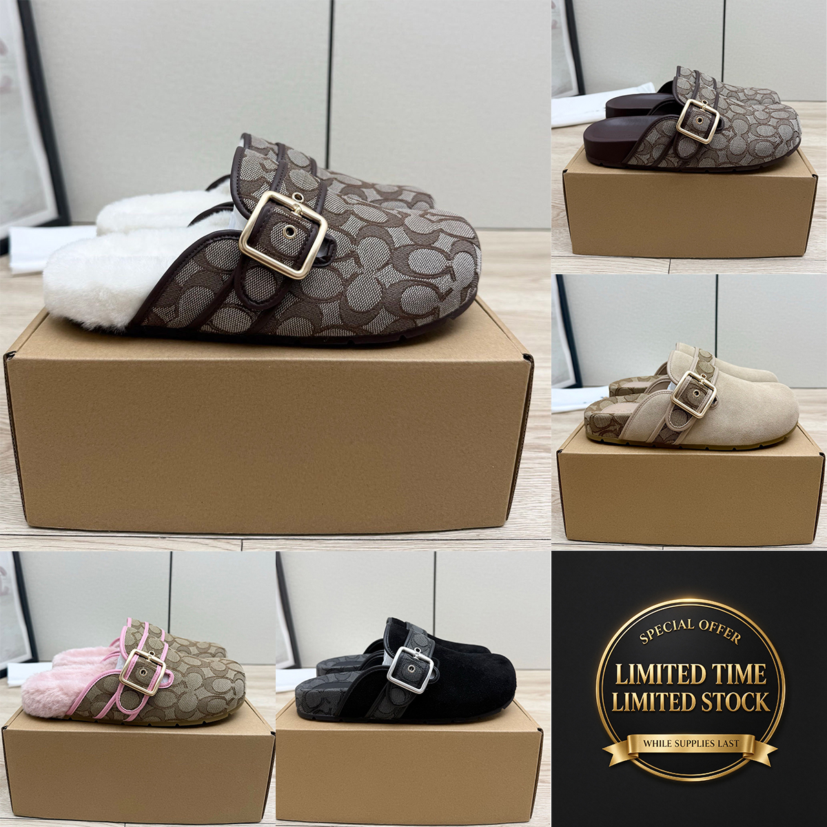 Designer Slides Boucle d'archives Sabots de fourrure Ashton Clog Mocassins Pantoufles Haute Qualité Fourrure Daim Automne Hiver Appartements Sand