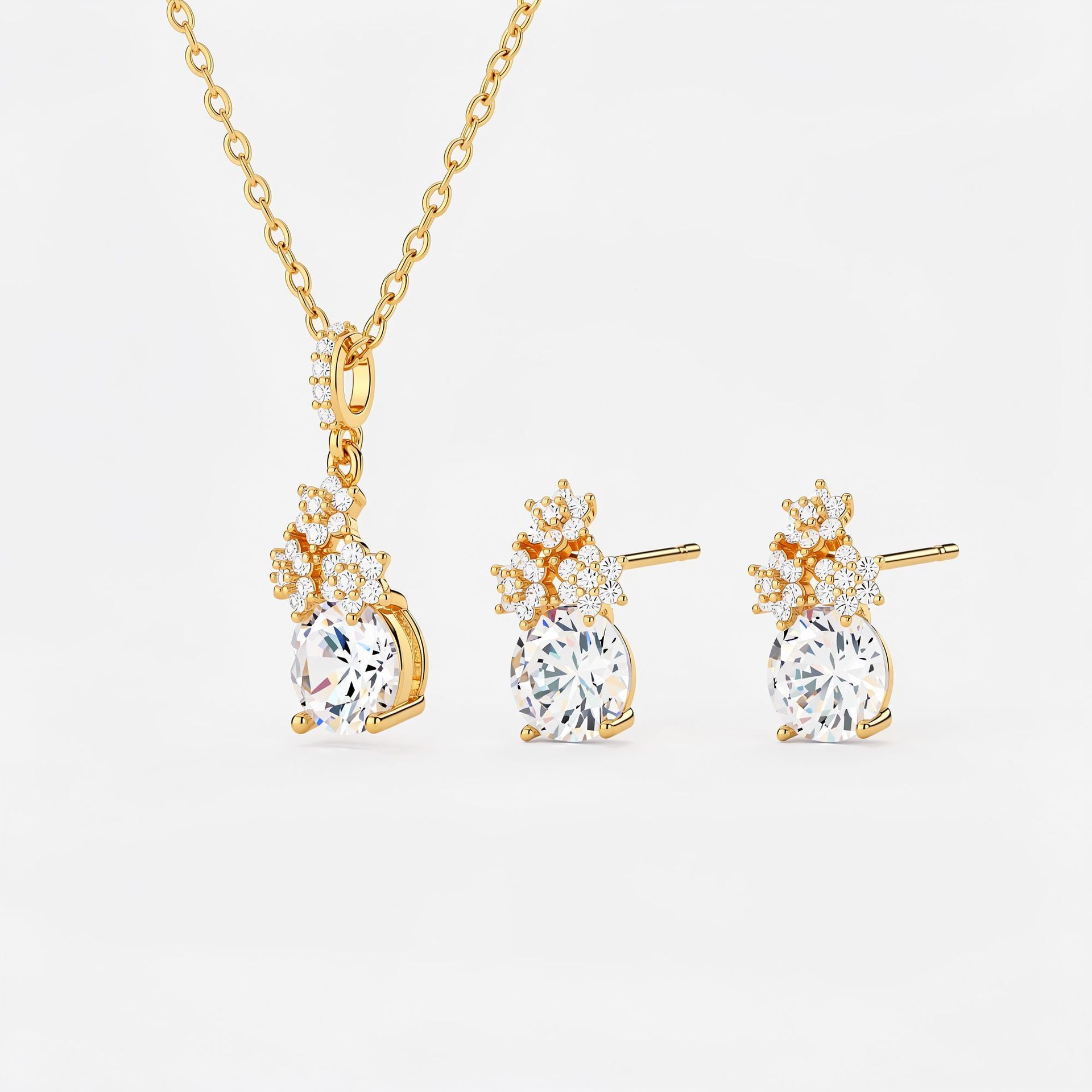 Three five-pointed star cubic zirconia copper alloy clavicle chain necklace earrings, new women's design, light luxury style, simple and elegan