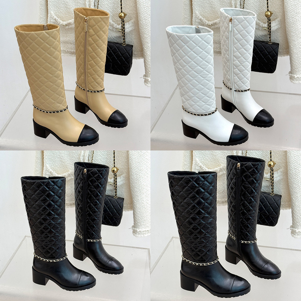 Fashion Boot Designer Luxury Lady White Black Quilted Leather Knee High Block Heel Round Toe Zipper Dress Footwear Quality Comfort Modern Stylish Tr