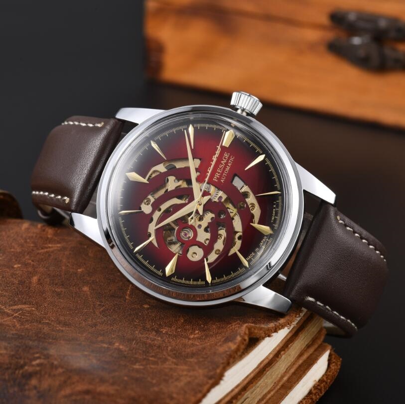 New SEIKOity men's Presage automatic mechanical watch, hollowed out dial watch, gradient red dial, polished round case, business suit men'