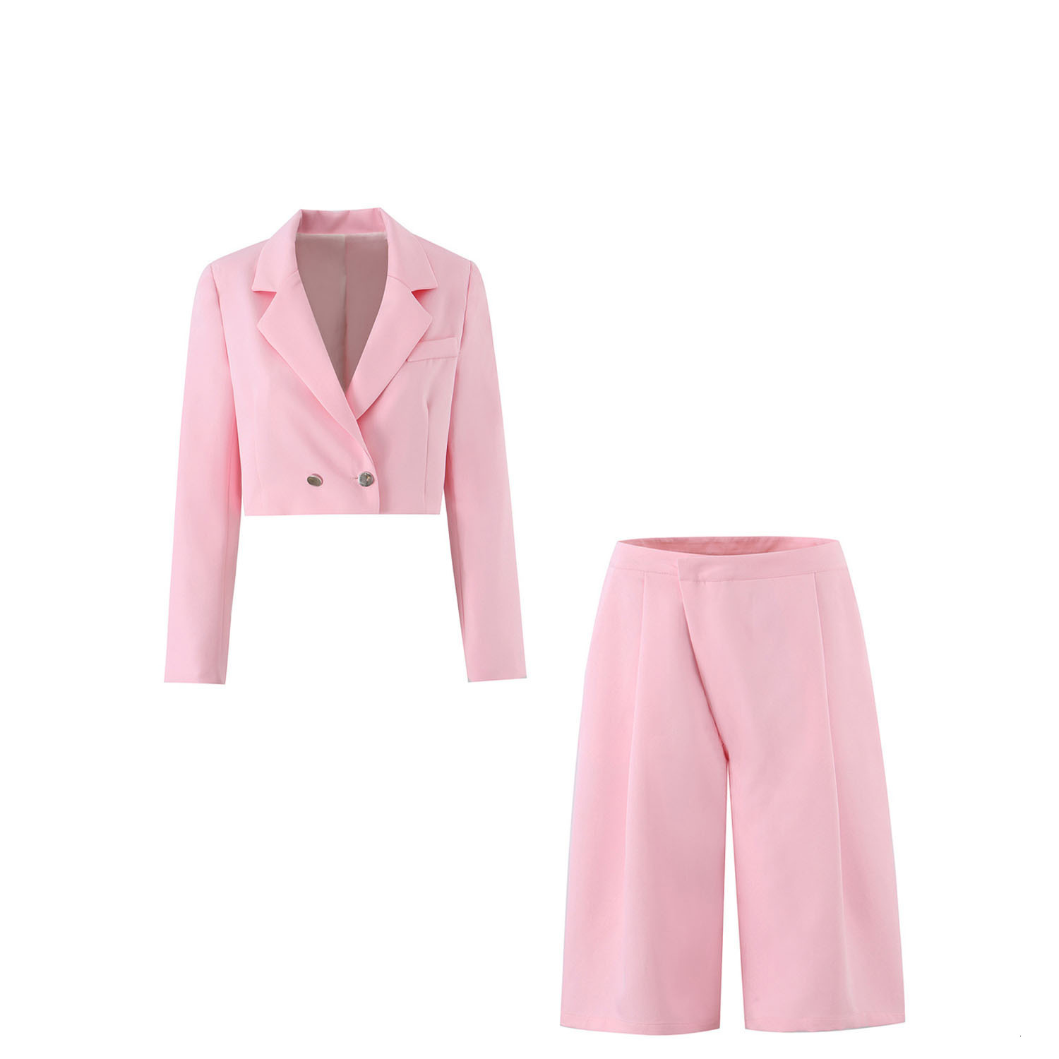 European and American style new women's short sleeved suit jacket with shoulder pads, double breasted pleated shorts ddmynov