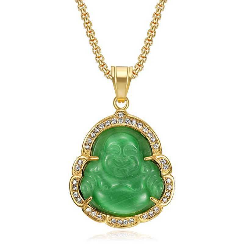 Hip-hop trend new stainless steel vacuum-gold plated water-drop-shaped rhinestone-embedded cat's-eye stone large-mouth Maitreya Buddha pendant